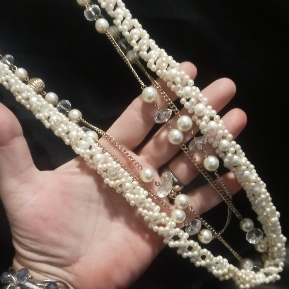 Vintage 2 long & layered beaded necklaces faux braided pearl & gold tone